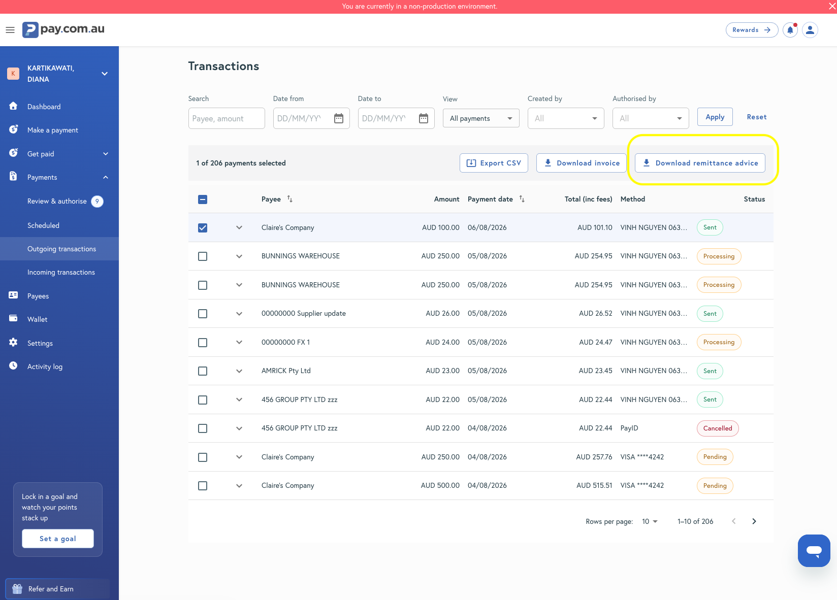 Download remittance advice button in the Outgoing Transactions toolbar